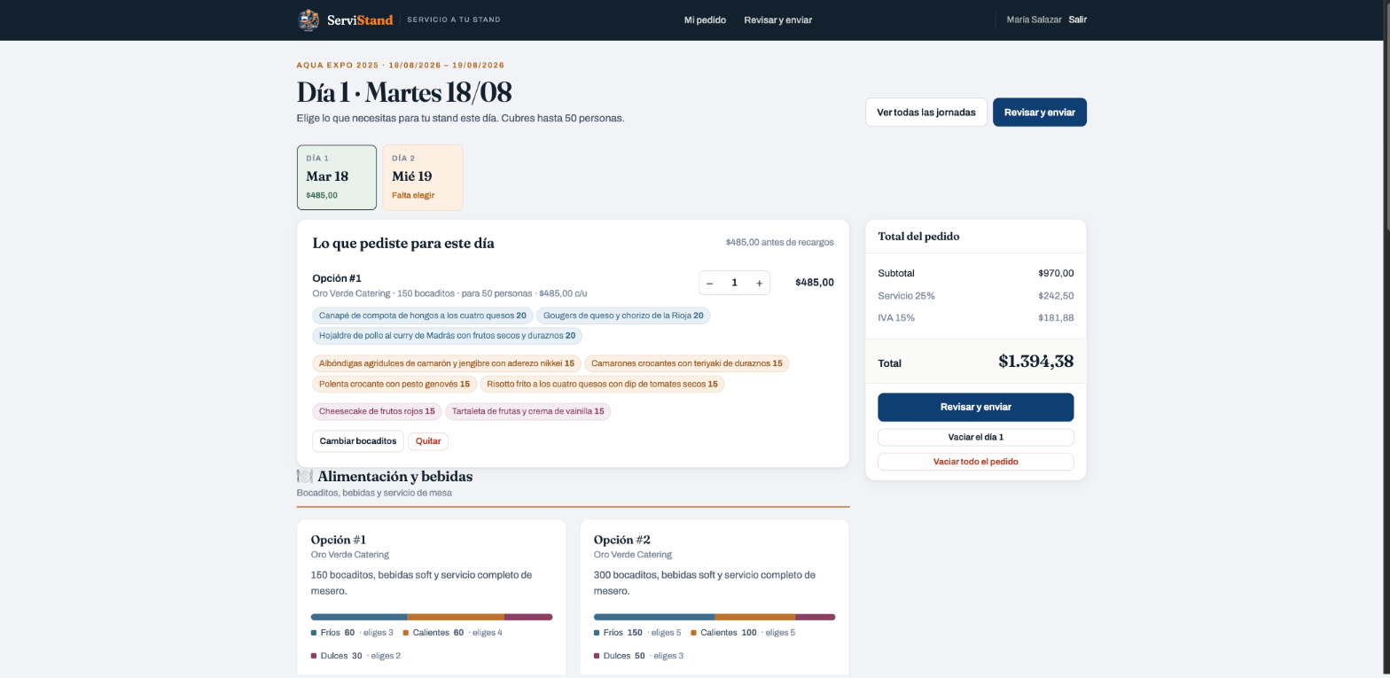 Portal del expositor: el catálogo de servicios de la feria con precios y jornadas.